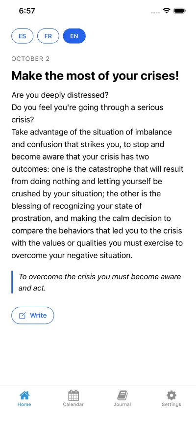 App home screen with the day’s motivation