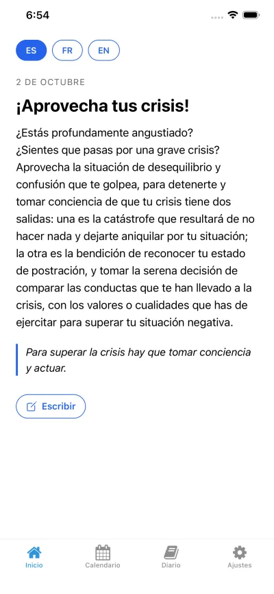 Pantalla de inicio de la app con la motivación del día