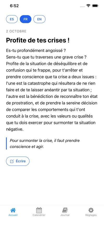 Écran d’accueil de l’app avec la motivation du jour
