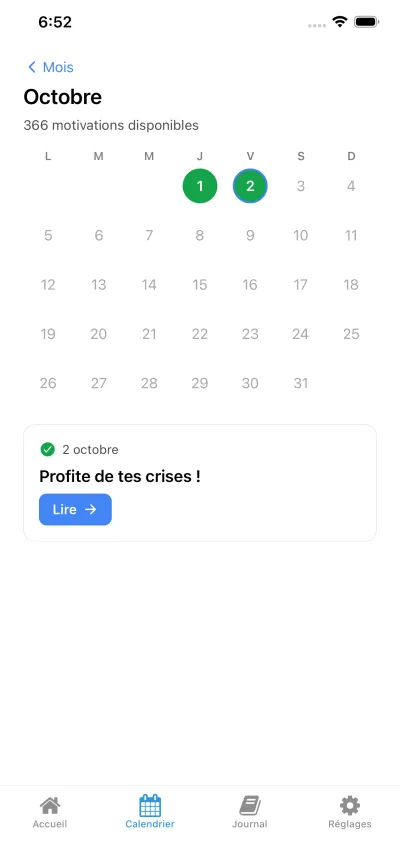 Calendrier des 366 jours avec la progression de lecture